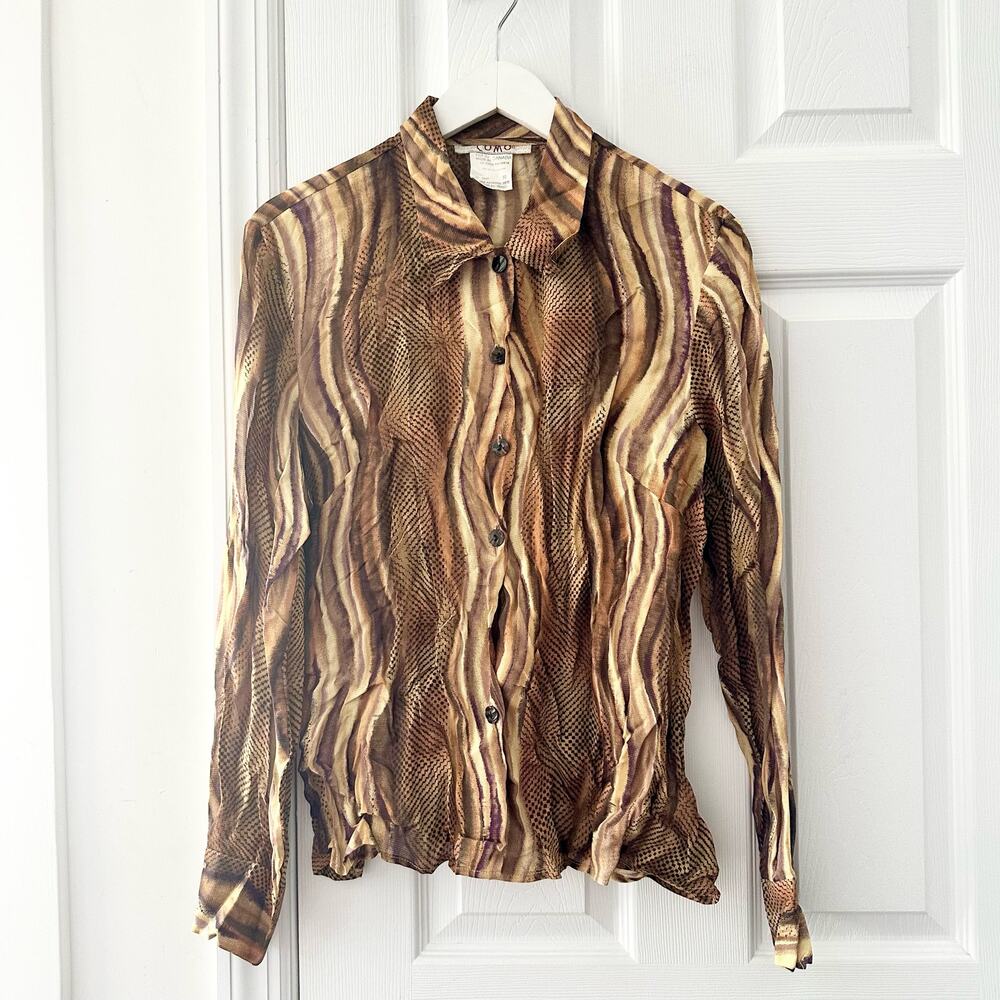 Como Vintage Y2K Made Canada Brown Tan Swirl Animal Stripe Buttondown Shirt 10